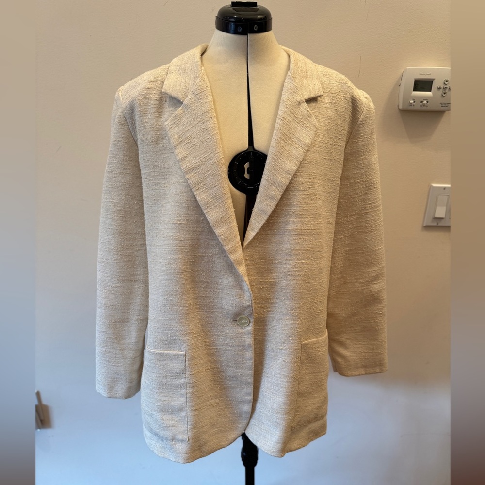 Classic Cream Tweed Blazer – Vintage Boxy Jacket, Women’s Large